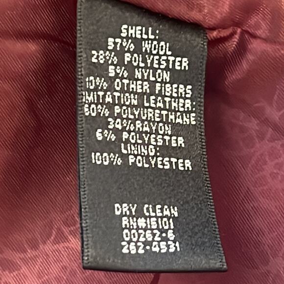 Nicole Miller Wool Peacoat Maroon Leather Trims L - Picture 8 of 8